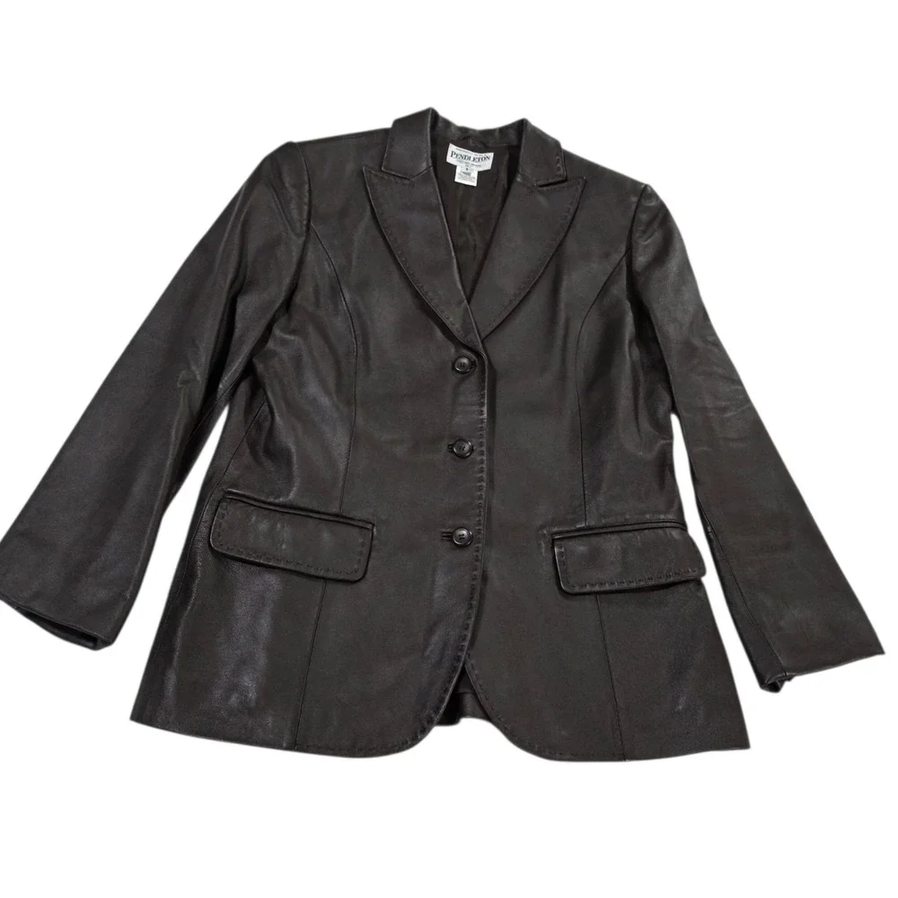 Vintage Pendleton Leather Coat Blazer Womens Brown Small Lined Stitched Western